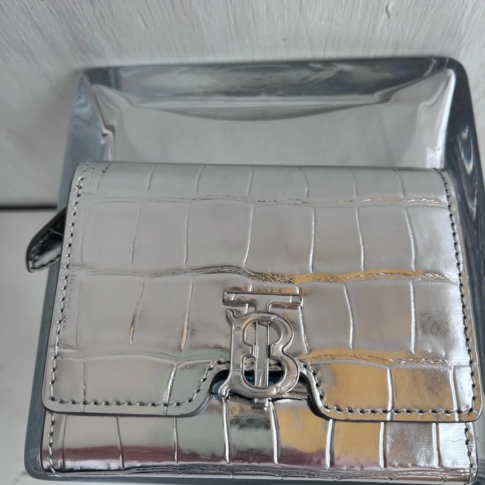 BURBERRY TB Monogram Croc Embossed Metalic Leather Wallet